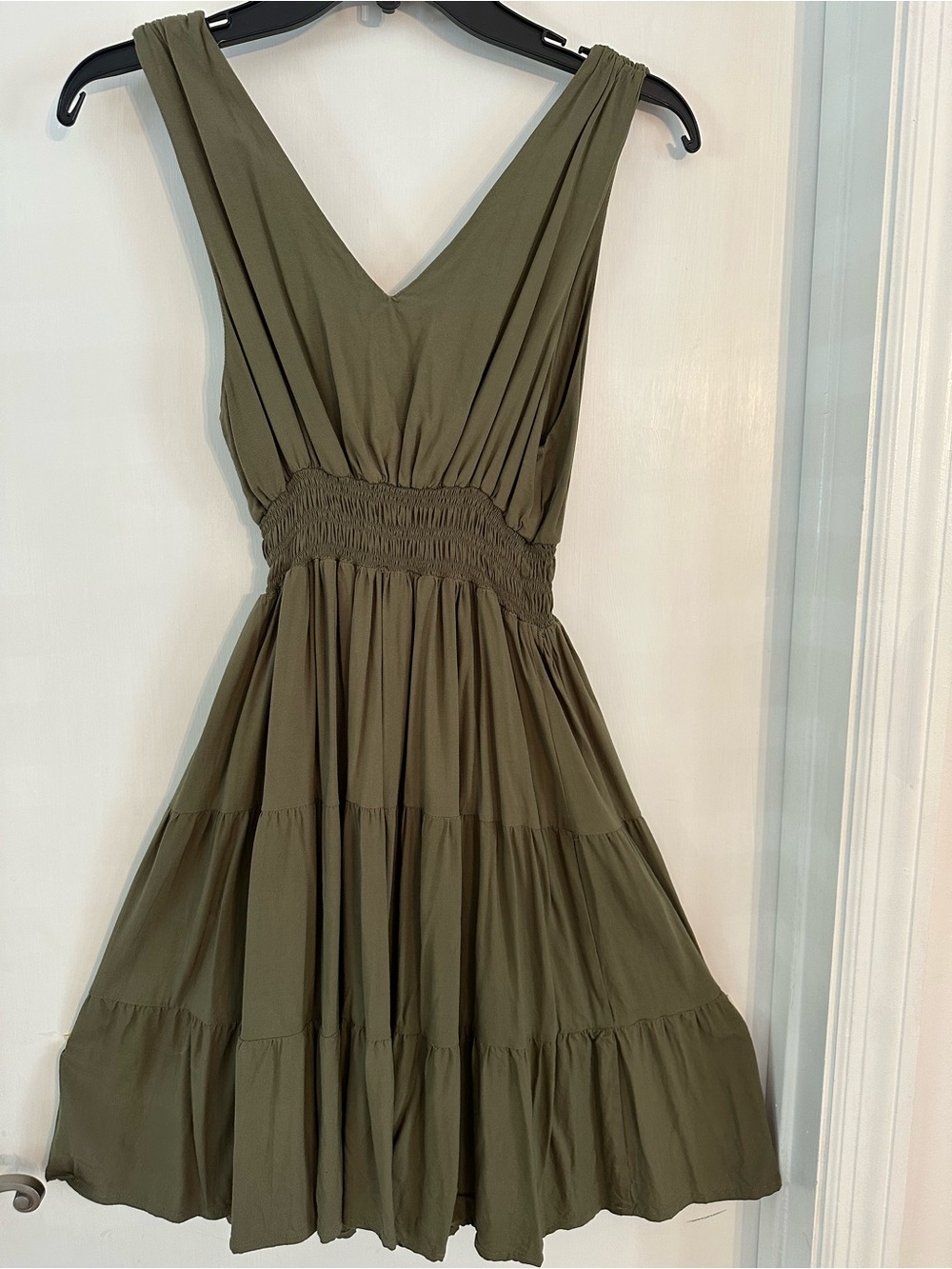 Sleeveless Olive Green V-Neck Tiered Midi Dress